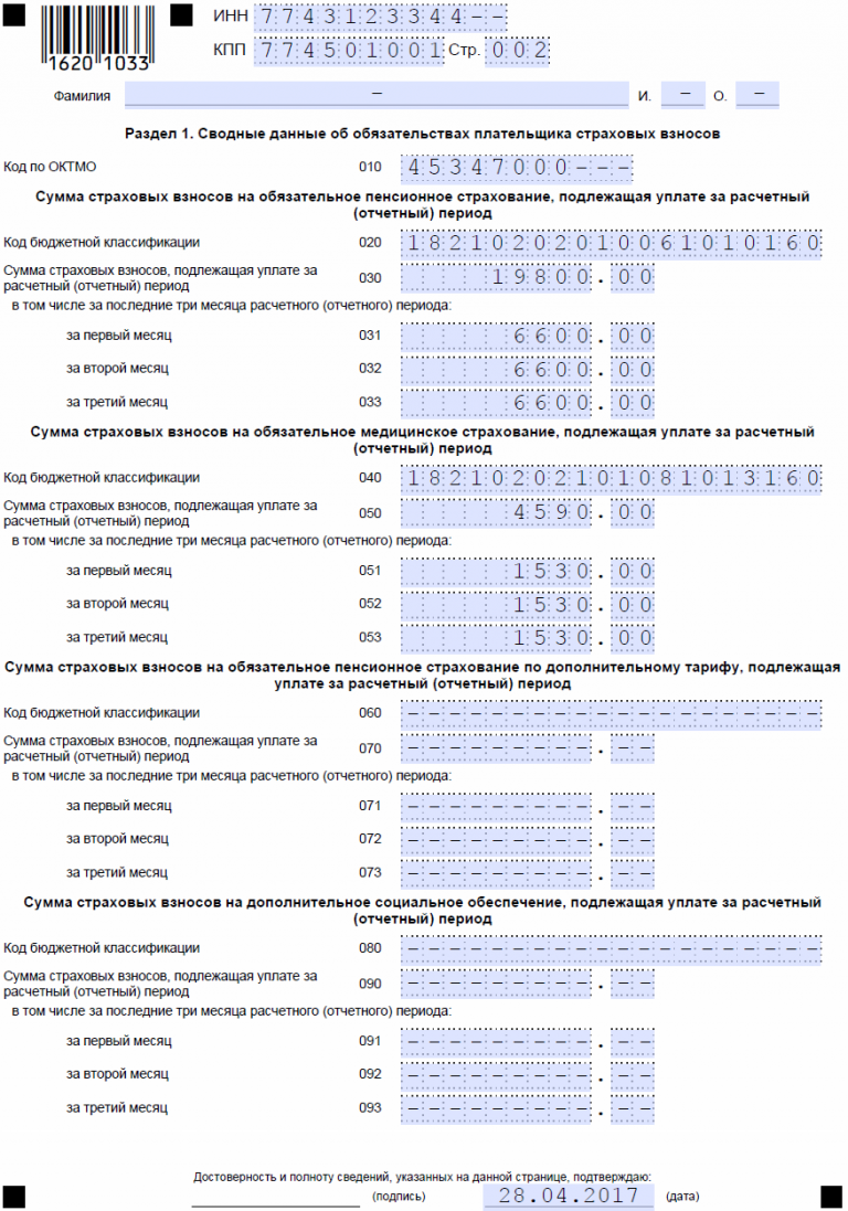Отчет о страховых взносах в налоговую образец заполнения
